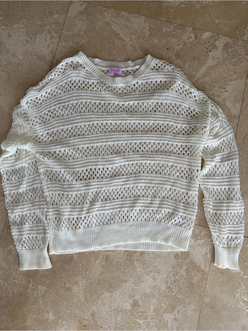 Pink Lily Cream Open-Knit Crew Neck Sweater